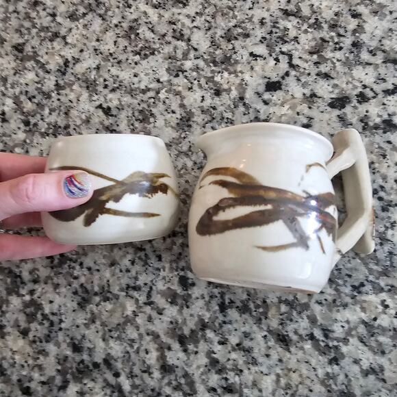 Set of 2 MCM Mid Century Handmade Signed Stoneware Jugs Coffee Creamer - Picture 1 of 8